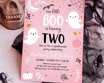 Editable Halloween Second Birthday Invitation Boo Turning Two Invite Pink Ghost Girl Halloween Spooktacular Printable Download A637