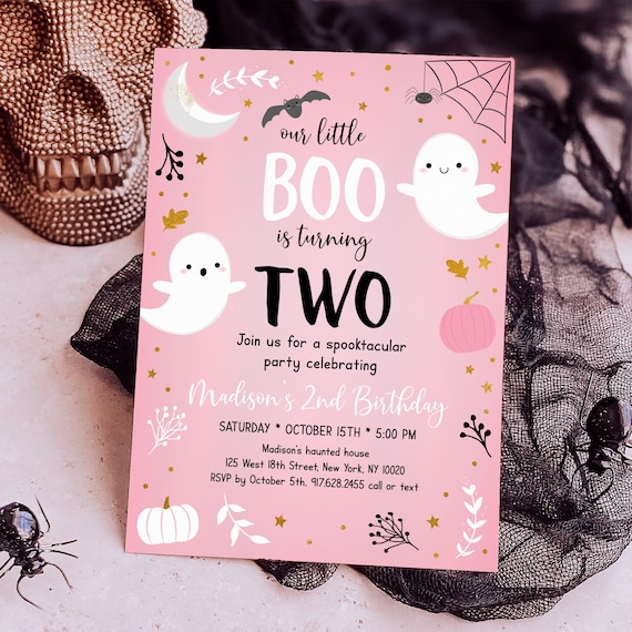 Editable Halloween Second Birthday Invitation Boo Turning Two Invite Pink Ghost Girl Halloween Spooktacular Printable Download A637
