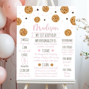 Bewerkbaar roze koekje mijlpaalbord eerste verjaardag, verjaardag één zoet koekje, 1e verjaardag meisje, koekje, digitale download A737