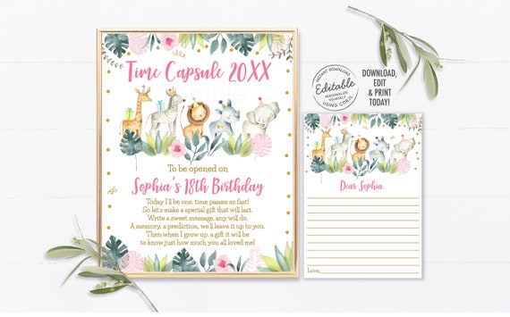 Editable Pink Safari Birthday Time Capsule First Birthday Pink Gold Safari Girl Safari Jungle Birthday Printable Digital Corjl A517 By Little Prints Inc Catch My Party