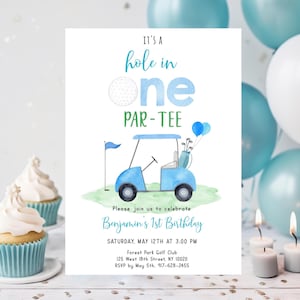 Editable Hole in One Birthday Invitation Golf First Birthday Par-tee Golf 1st Birthday Invite Boy First Birthday Digital Download  A695