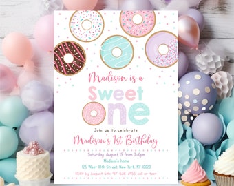 Donut Sweet One Birthday Invitation, Pink Donut Girl First Birthday Invite, Donut Party, Doughnut Sprinkles Editable Digital Download A500