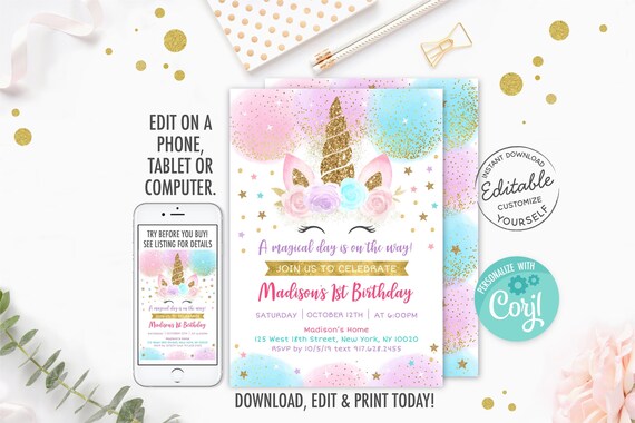 EDITABLE Unicorn Birthday Invitation Unicorn Birthday Party Pink & Gold Unicorn Magical Unicorn Printable Digital Instant Download A451 Il_570xn