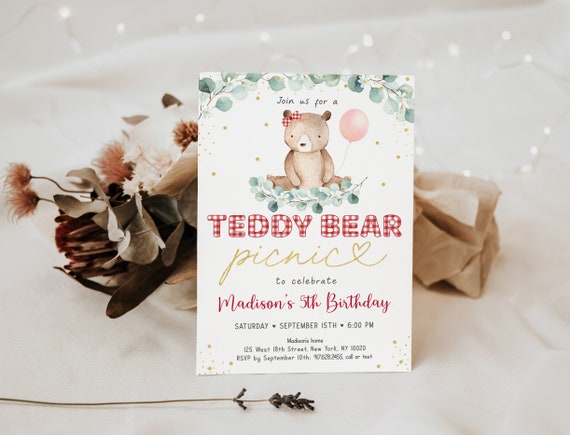 Editable Teddy Bear Picnic Birthday Invitation Red Gold Girl Teddy Bear Party Outdoor Birthday Teddy Bear Balloons Digital Download A603 Il_570xn
