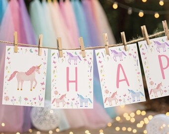 Unicorn Meadow Birthday Banner, Pastel Rainbow Unicorn, Pink Gold Floral Unicorn, Wildflower, Editable Digital Download A780