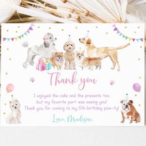 Tarjeta de agradecimiento de cumpleaños de cachorro editable "Let's Paw-ty Girl" para cachorro de cumpleaños, refugio de animales, veterinario, cachorro de perro con globos, descarga digital A621