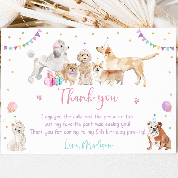 Cartão de Agradecimento de Aniversário de Cachorrinho Editável - Vamos Fazer Patinha - Aniversário de Cachorrinha - Abrigo de Animais - Veterinário - Cachorro com Balões - Download Digital A621