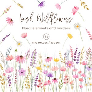 Wildblumen Aquarell Clipart, zarte Wildblumen, Wildblumen Ränder, Wildblumen, Hochzeit Clipart, vorgefertigte florale Ränder, rosa lila