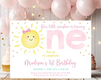 Editable Sunshine First Birthday Invitation Girl Sunshine Party Pastel Little Sunshine Pink Gold Birthday Invite Digital Download A599