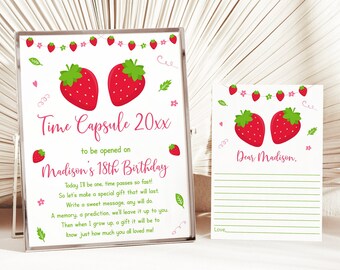 Editable Strawberry Birthday Time Capsule Strawberry First Birthday Berry Sweet Strawberry Party Digital Printable Instant Download A542