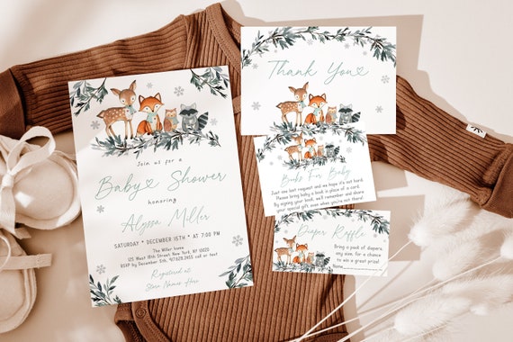 Editable Winter Woodland Baby Shower Invitation Bundle Gender Neutral Snowy Woodland Diaper Raffle Book Card Suite Digital Download A578 Il_570xn