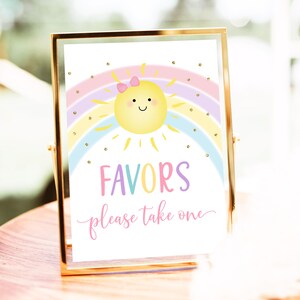 Sunshine Rainbow Party Favor Birthday Sign Sun Rainbow Party Pastel Rainbow Pink Gold Little Sunshine Party Digital Download A599