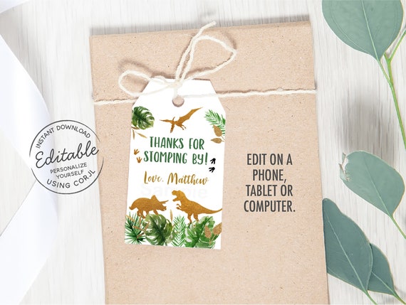 Dinosaur Birthday Thank You Tags, Dinosaur Baby Shower Thank You Tags, Gold Dinosaur, Dinosaur Safari, T- Rex, EDITABLE, Printable A498 Il_570xn