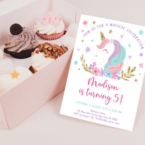 Unicorn Birthday Invitation Rainbow Unicorn Birthday Invite Pink Gold Pastel Floral Unicorn Party Editable Digital Download A634 image 3