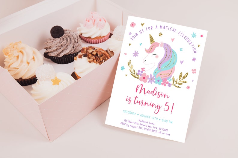 Unicorn Birthday Invitation Rainbow Unicorn Birthday Invite Pink Gold Pastel Floral Unicorn Party Editable Digital Download A634 image 3