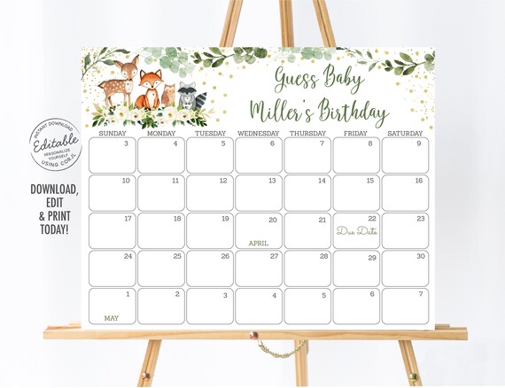 EDITABLE Woodland Birthday Predictions Calendar Woodland Baby Shower Greenery Woodland Forest Animals Guess Baby's Birthday Printable A524 Il_570xn