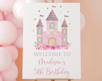 Panneau de bienvenue personnalisable pour anniversaire de princesse, thème château de princesse, conte de fées, livre d'histoires, rose, violet et or, motif floral, format numérique A752