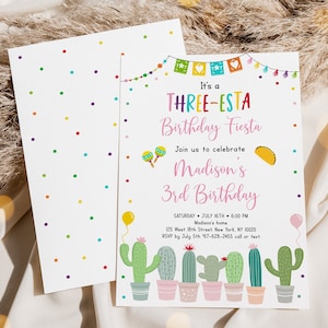Editable Three-Esta Fiesta Birthday Invitation Third Birthday 3rd Cactus Girl Fiesta Party Cactus Succulent Mexican Digital Download A552