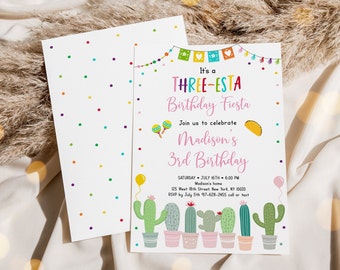 Redigerbar Three-Esta Fiesta födelsedagsinbjudan, tredje födelsedag, 3:e kaktusflicka, Fiestafest, kaktus, suckulent mexikansk, digital nedladdning A552