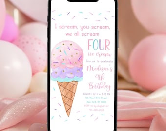 Editable Ice Cream Birthday E-Invitation I scream You Scream We All Scream Four Ice Cream 4th Birthday Invite Pink Ice Cream Party A673