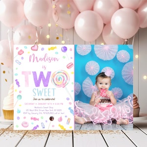 Editable TWO Sweet Birthday Invitation Two Sweet Birthday Invite Sweet Shop Candy Shop Lollipop Candy Party Sweets Digital Download A659