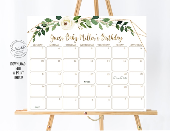 EDITABLE Greenery Baby Due Date Calendar Birthday Predictions Game Greenery Baby Shower Gold Geometric Floral Gender Neutral Printable A497 Il_570xn