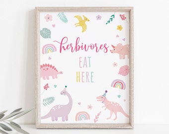 Signo de cumpleaños de herbívoros de dinosaurio rosa, signo de comida, cumpleaños de dinosaurio boho, fiesta de dinosaurios de niña, dinosaurios pastel, descarga digital A736