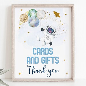 Cartões e presentes para espaço sideral, sinal de aniversário, astronauta, azul dourado, planetas, festa no espaço sideral, foguete, download digital a606