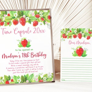 Editable Strawberry Birthday Time Capsule Strawberry First Birthday Berry Sweet Strawberry Party Pink Floral Digital Digital Download A618