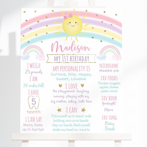 Editable Sunshine Rainbow Birthday Milestone Sign Pastel Rainbow Pink Gold Sunshine First Birthday Milestone Poster Digital Download A599