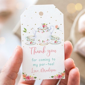Bearbeitbare Tea-Party-Geburtstags-Bevorzugung Tags Danke Tag Par-Tee-Mädchen-Tee-Party-Rosa-Gold-Blumen druckbare Digitaler Sofort-Download A583