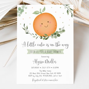 May include: A baby shower invitation with a cute orange illustration and green leaves. The text reads "A little cutie is on the way. Join us for a baby shower honoring Alyssa Miller. Saturday, July 15th, 6:00 PM. The Miller home. 125 West 18th Street, New York, NY 10024. RSVP by July 5th, 917.628.2455, call or text. Registered at store names here."