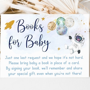Cartes de demande de livre pour baby shower astronaute Galaxy bleu or galaxie planètes fusée spatiale livres pour bébé téléchargement numérique A606