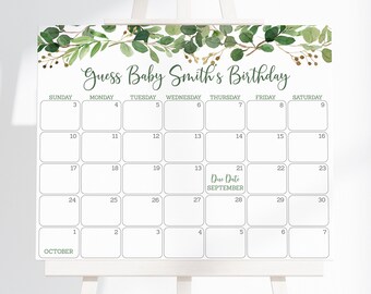 Editable Rustic Greenery Baby Due Date Calendar Game Greenery Baby Shower Gender Neutral Leaves Guess Baby's Birthday Digital Printable A178