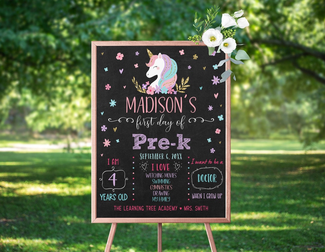 Editable Unicorn First Day of Pre-k Sign First Day of Pre-kindergarten