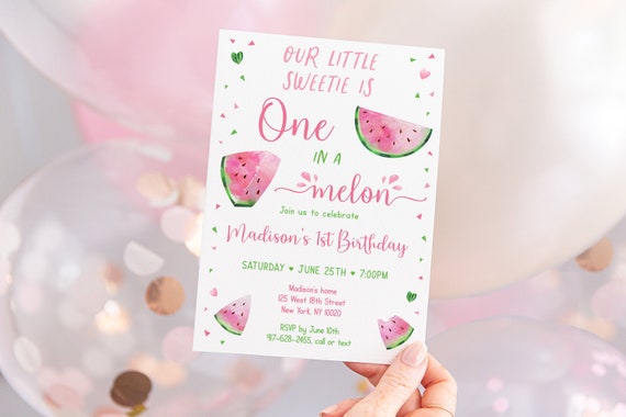 Editable One In A Melon Birthday Invitation Watermelon First Birthday Invite Watermelon Party Pink Green Summer Digital Download A502 Il_570xn