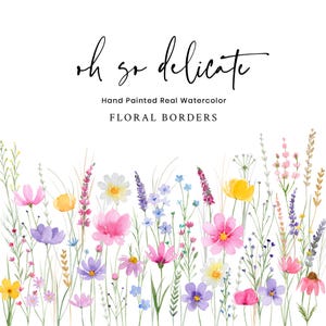 Clipart aquarelle de fleurs sauvages, fleurs sauvages printanières délicates, bordures de fleurs sauvages, fleurs sauvages, shower de bébé, mariage, rose violet, téléchargement