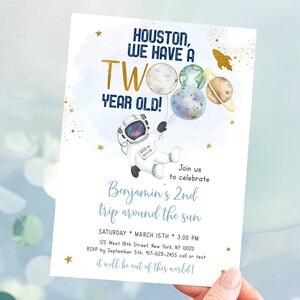 Editable Space Birthday Invitation Second Trip Around The Sun Blue Gold Astronaut Galaxy Planets Outer Space Party Rocket Ship Digital A606