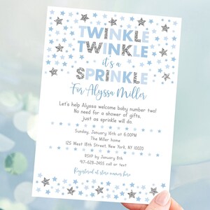 Editable Twinkle Star Baby Sprinkle Invitation Blue &amp; Silver Baby Boy ...