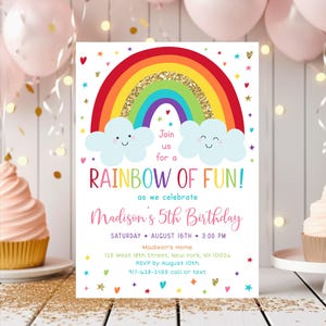 EDITABLE Rainbow Birthday Invitation Girls Rainbow Party Gold Rainbow Clouds Rainbow Of Fun Printable Digital Instant Download Corjl A530