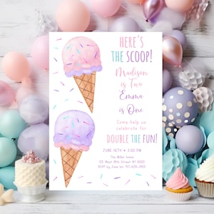 Bearbeitbare Eis-Geburtstagseinladung, hier ist die Schaufel, gemeinsamer Geburtstag einladen, Mädchen-Eiscreme-Party, rosa lila Sprinkles Digital A673