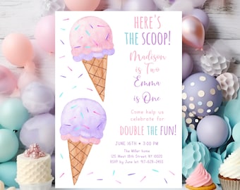 May include: A pink and purple ice cream cone birthday party invitation with the text "Here's the Scoop! Madison is Two, Emma is One. Come help us celebrate for Double the Fun!"  June 16th, 3:00 PM. The Miller home, 125 West 18th Street, NY 10020. RSVP by June 1st, 917-628-2455.