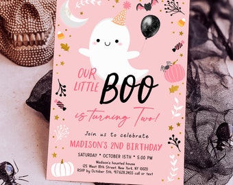 Invito di compleanno modificabile Little Boo, invito di compleanno per due anni, invito per festa di Halloween con bambina fantasma rosa, secondo compleanno digitale A636