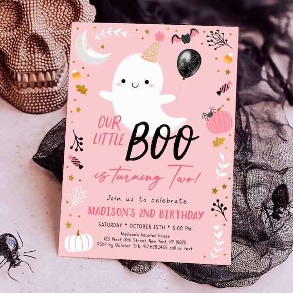 Editable Little Boo Birthday Invitation BOO turning Two Birthday Invite Pink Ghost Girl Halloween Party Second Birthday Digital A636
