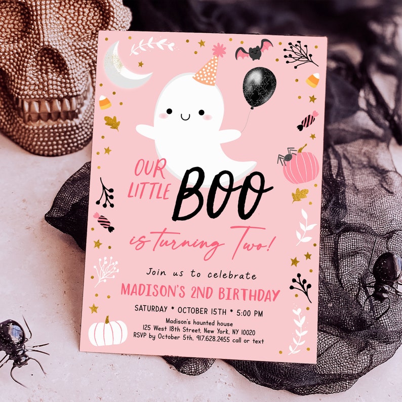 May include: Pink and gold Halloween birthday invitation with a cute ghost illustration. The text reads "Our Little Boo is turning Two!" and includes details for Madison's 2nd birthday party.