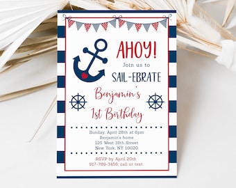 Editable Nautical Anchor Birthday Invitation Nautical Birthday Invite Navy & Red Boy Birthday Digital Download Template A212