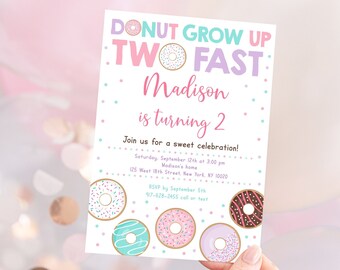 Editable Pink Donut Grow Up Two Fast Birthday Invitation, Donut 2nd Birthday Invite, Girl Donut Party, Doughnut, Printable Digital A500