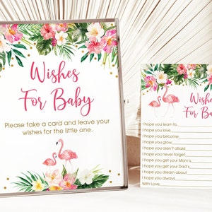 Flamingo Wünsche für Baby Karten Flamingo-Baby-Dusche Pink & Gold Tropische Blumen Mädchen-Baby-Dusche Digital Printable Instant Download A454