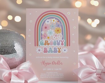 Editable Groovy Baby Shower Invitation, Boho Rainbow Flower Daisy Retro Hippie Baby Shower Invite, Peace Love Baby Shower, Download A744