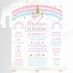 Editable Unicorn Birthday Milestone Poster Rainbow Unicorn Pink Gold Pastel Unicorn Floral First Birthday Printable Instant Download A582